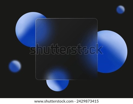 3D glass morphism website landing page template. Square plate of frosted glass with blue floating spheres.