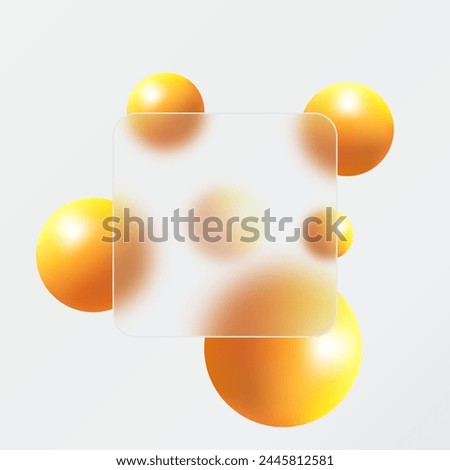 Glass morphism landing page with square frame. Illustration with blurry floating orange spheres.