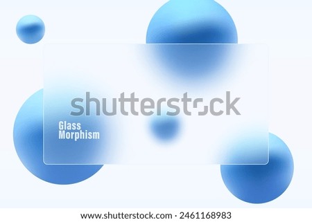 Glass morphism website landing page template. Frosted glass partition with floating blue spheres.