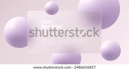 Website landing page template in glass morphism style. Frosted glass partition with floating spheres.