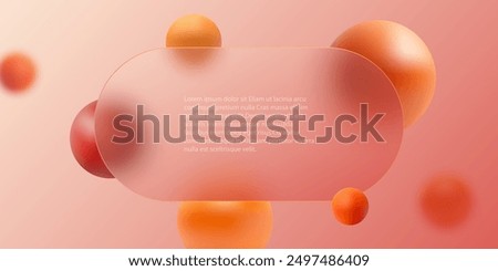 Website landing page template or banner design in glass morphism style. Frosted glass partition with colorful spheres.