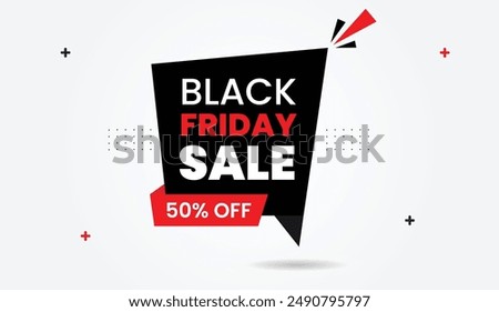 Black Friday sale 50% off banner template design with white background and bold black and red shapes, perfect for eye catching holiday promotions and discounts