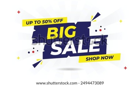 Big Sale Up to 50% Off Shop Now Banner Template with White Background, Light Yellow and Shiny Blue Shapes Eye catching Vector Art for High-Converting Promotions sale, off, up, super, shop, 50%, red