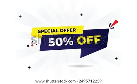 50% Off Special Offer Banner with White Background, Dark Blue and Light Blue Gradient, and Yellow Shapes Eye catching Vector Art for Effective Promotions offer, sale, price, promotion, discount