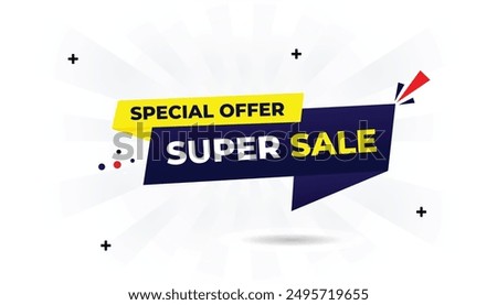 Super sale special offer banner with white background, dark blue gradient, and light yellow vector shapes for eye catching promotions and high converting designs discount, offer, price, super, special