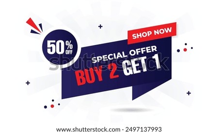 Eye catching Buy 2 Get 1 Free special offer banner with 50% off, featuring a white background, blue gradient, and red vector shapes, perfect for driving sales special, sale, discount, offer, promotion