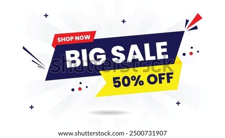 Big sale 50% off shop now banner with white background featuring bold dark blue light yellow and red bolt text elements ideal for eye catching vector art promotions