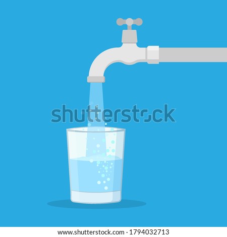 Water tap with glass. Filling cup beverage.  Vector illustration. Eps 10.