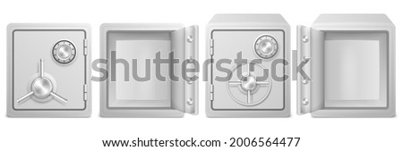 Realistic metal safe with opened and closed door isolated on white background. Vector illustration. Eps 10.