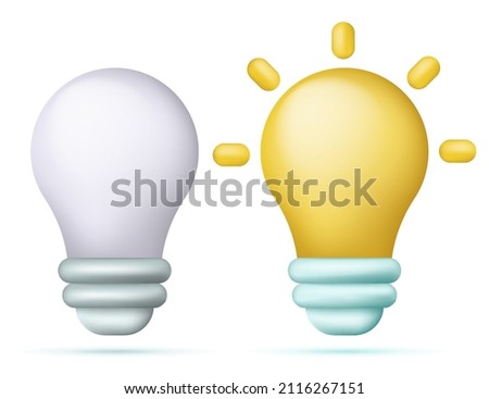 Glowing and turned off electric light bulb. 3d cartoon yellow light bulb icon. Vector illustration. Eps 10.