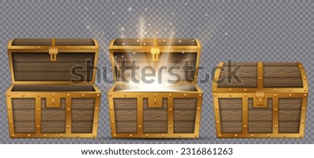 Set of wooden chests with open and closed lid, full of shining golden coins. Vector illustration. Eps 10.