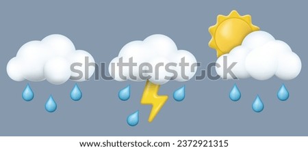 Set of cloud 3d with raindrops, lightning and sun. Vector illustration. Eps 10.