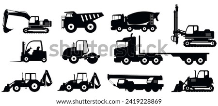 Set of Construction machines. Heavy machinery for Excavator, Dump, truck, Mixer, truck, Pile, driver, Stock, forklift, Road, roller, Flatbed, trailer, Backhoe, loader, Mobile, crane, Bulldozer.