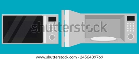 Modern microwave oven with open and closed door. Kitchen electric appliance for cooking food. Vector illustration. Eps 10.