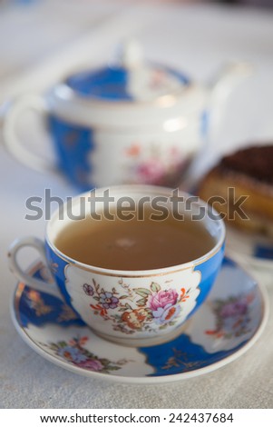 Tea in vintage Russian tea set made in 1919 year