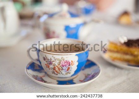 Tea in vintage Russian tea set made in 1919 year