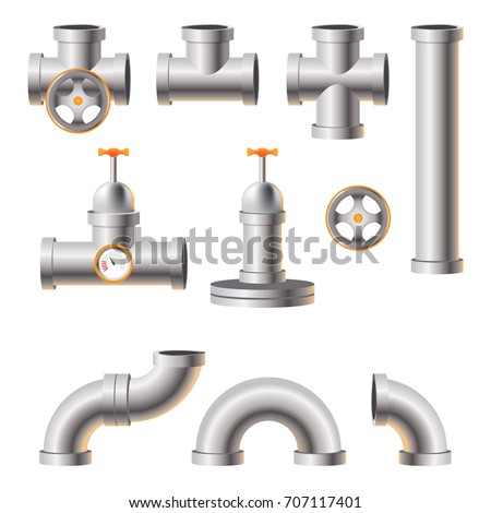 pipe for chemical oil and gas industry.  plumbing, heating and sewer pipe.  Set of industrial steel pipes. Stainless Steel Pipe Production. pipeline vector set design isolated on white background.