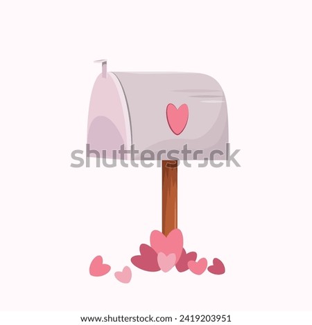 Gray mailbox with a heart on the side and a raised flag on a brown foot. For love letters. Standing in a pile of pink hearts. For Valentine s Day. Vector