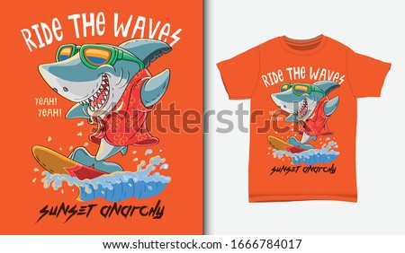 Cool shark surfing illustration with t-shirt design, Hand drawn