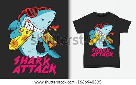 Shark surfing attack illustration with t shirt design, Hand drawn
