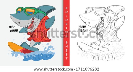 Cartoon shark surfing, Coloring sheet for stay home activity