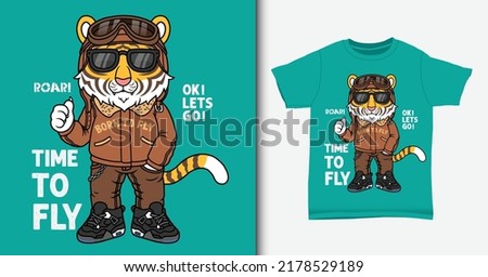 Cool tiger cartoon, Tiger pilot illustration with t-shirt mock up.