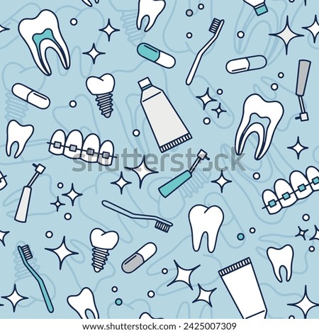 vector seamless pattern dental dentist oral hygiene, teeth, toothbrush and toothpaste, braces and dental implants, background for dental clinics and corporate identity