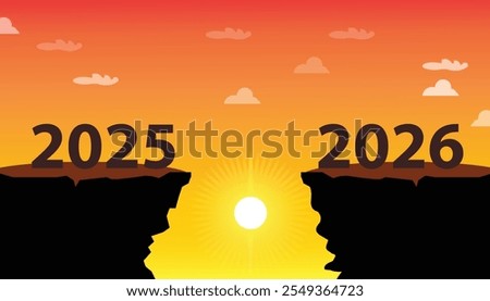 Welcome 2026  concept. jumping mountain between 2025 and 2026 vector illustration design background