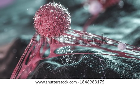 Cancer Cell infecting healthy tissue, cancer cell and T-cell attack oncology concept cancer tumor spread 3d rendering