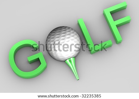 Golf ball on green tee on white background isolated with text saying golf