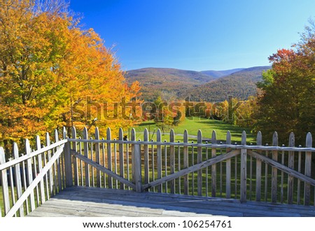 Deck overlooking a ski run at Belleayre Mountain in the Autumn in the Catskills Mountains of NY