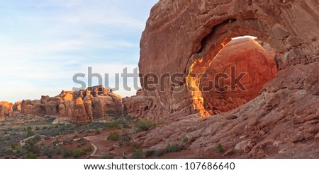 North Window arch with other red rock formations behind at Arches National Park, Utah
