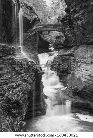 Iconic Rainbow Falls in Watkins Glen State Park, New York (Black and White)