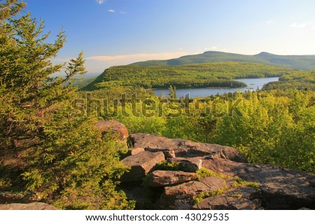View of North-South Lake and the Hudson Valley in the Catskills Mountains in upstate New York State