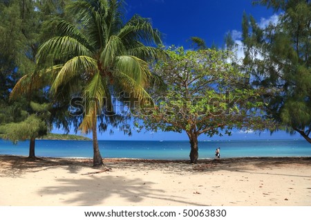 An older couple walks down a tree shaded beach on a turquoise bay at Seven Seas Beach near Fajardo, Puerto Rico
