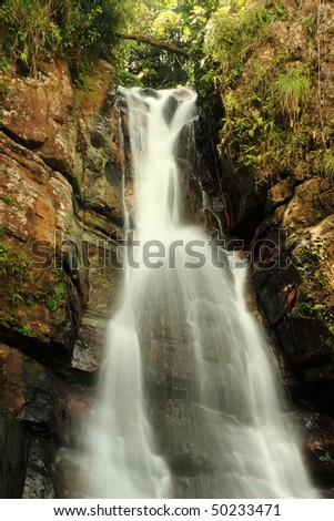 Water flows down La Mina Falls in the El Yunque rain forest in the Caribbean National Forest, Puerto Rico