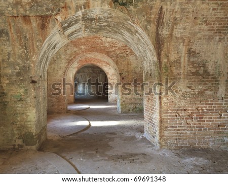 Brick arches and gun placements in a civil war era Fort Pickens in the Gulf Islands National Seashore near Pensacola, Florida