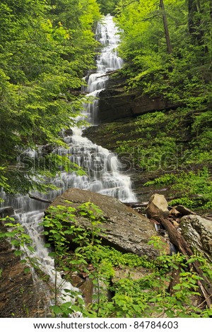 Water Cascades Over Layers Of Rock And Dead Leaves At Lye Brook Falls ...