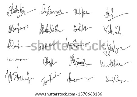 Autographs Set. Personal signature. Signature set. Scribbles of signatures as elements of documents. Set of imaginary signature. Set of autographs. Collection of Business Contract Signatures