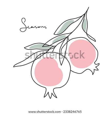 Branch with pomegranates and leaves. Shana Tova. Modern single line art drawing. Continuous line drawing. Outline draw design vector illustration