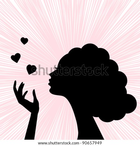 beautiful woman face silhouette with heart kiss