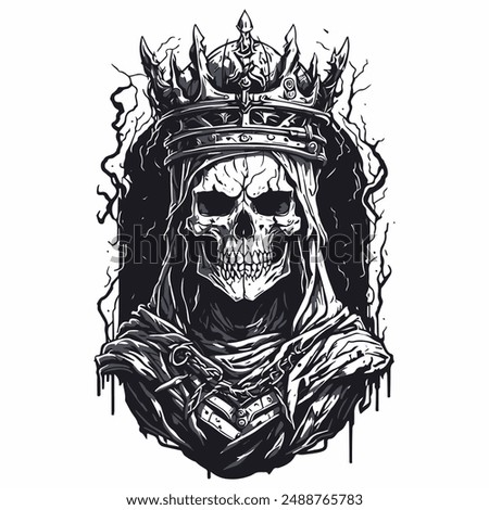 A detailed black and white illustration of a skull wearing a crown, symbolizing a powerful and mysterious undead king. Perfect for gothic and streetwear designs