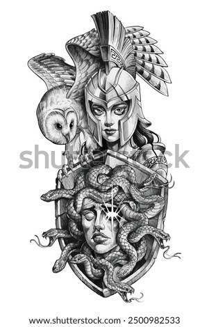 Hand drawing detailed tattoo of Minerva, the Roman goddess, holding a shield with Medusa's head. The design features an owl perched on Minerva's shoulder, symbolizing wisdom