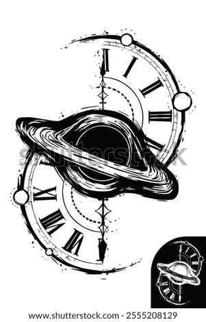 A fusion of planetary rings and a clock, symbolizing the interconnectedness of time, space, and celestial dynamics.