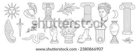 Antique sculpture set. Heads, hand, foot, medusa, branch, vase, column, snake, stars. Mystic, ancient statues in trendy modern style. Hand drawn vector illustration for card, poster.
