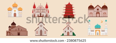 Church religious building set. Mosque, temple, synagogue, cathedral, orthodox, chapel, monastery. Hand drawn style vector illustration.
