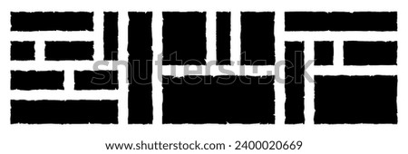 Set of grunge jagged rectangle shape. Black torn paper sheet for sticker, collage, banner. Vector illustration isolated on white background.
