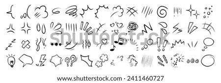 Set of anime emotion effect. Hand drawn texture and fur lines. Line movement vector element.