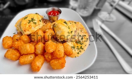 Similar – Image, Stock Photo Two poached eggs on brown bread