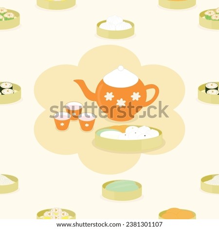 Chinese appetizers on a big table there are several kinds of dumplings and Chinese buns such as man toa, sala bao, xiao long bao, pork bun, and an orange color teapot and cups set.
